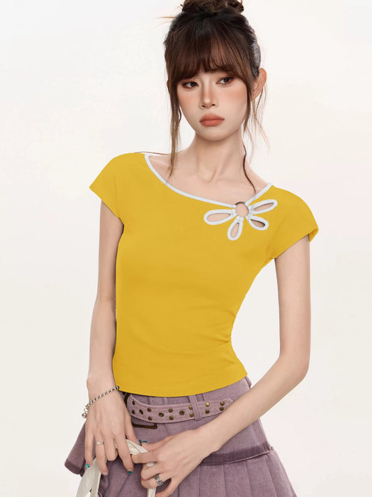Hot girl ginger yellow hollow flower straight shoulder short-sleeved T-shirt female summer design slim waist short top