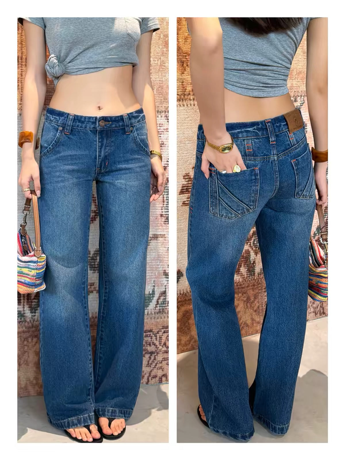 Audwyn Dark Blue Low-Rise Jeans (2026 New Arrival): American Vintage-Style Washed, Loose-Fit, Slimming Straight-Leg Casual Pants