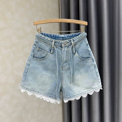 2025 summer new style stitching lace denim shorts women's loose fashionable wide-leg high waist A-line hot pants