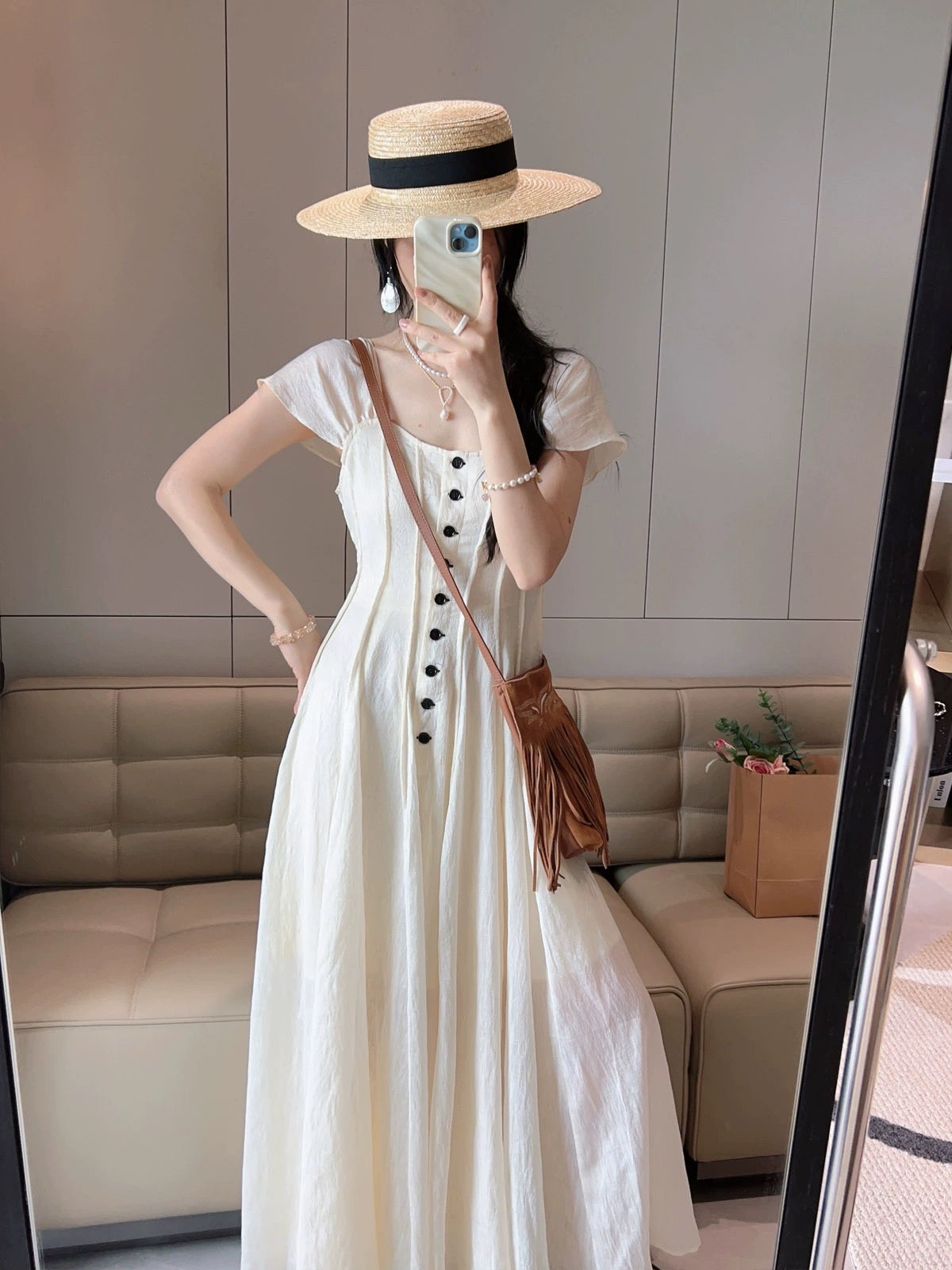 White French square neck dress for women 2024 new summer style contrasting color single-row button waist slimming long dress