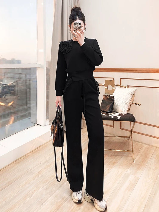 Pants and tops match a complete set of women's clothing 2024 new autumn and winter two-piece set with temperament black sweatshirt inner set