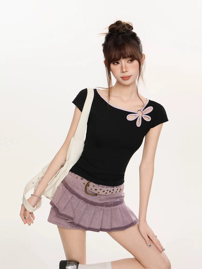 Hot girl ginger yellow hollow flower straight shoulder short-sleeved T-shirt female summer design slim waist short top
