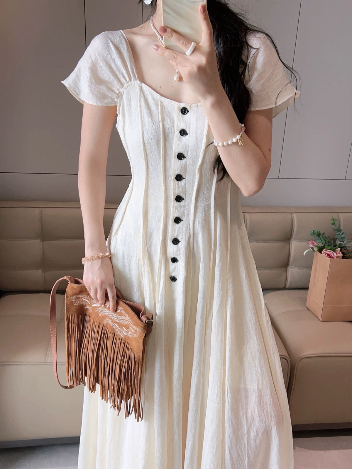 White French square neck dress for women 2024 new summer style contrasting color single-row button waist slimming long dress