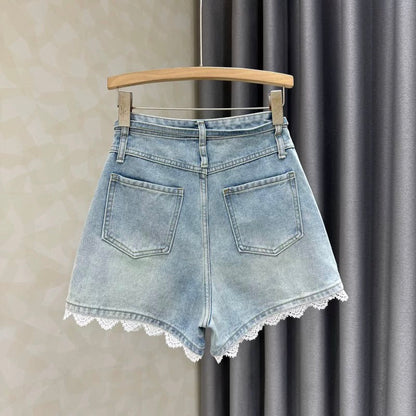 2025 summer new style stitching lace denim shorts women's loose fashionable wide-leg high waist A-line hot pants