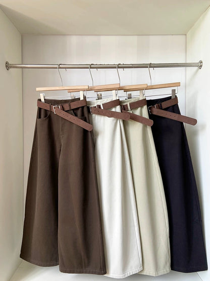 Women's high-waisted, fleece-lined, thickened denim wide-leg pants with belt, new winter style for 2025, Korean style, versatile, trendy outerwear.
