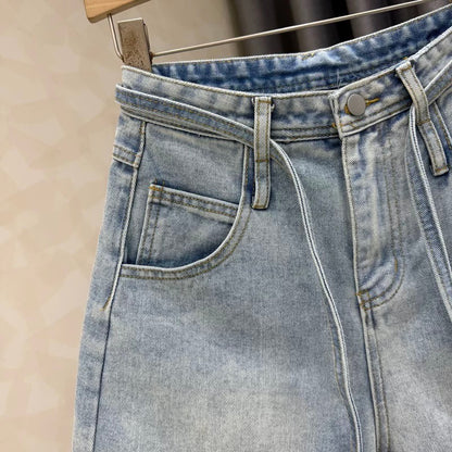 2025 summer new style stitching lace denim shorts women's loose fashionable wide-leg high waist A-line hot pants
