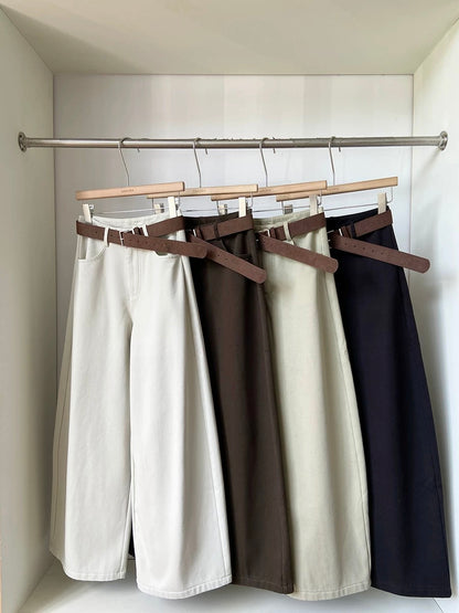 Women's high-waisted, fleece-lined, thickened denim wide-leg pants with belt, new winter style for 2025, Korean style, versatile, trendy outerwear.