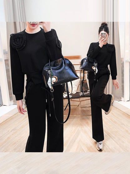 Pants and tops match a complete set of women's clothing 2024 new autumn and winter two-piece set with temperament black sweatshirt inner set