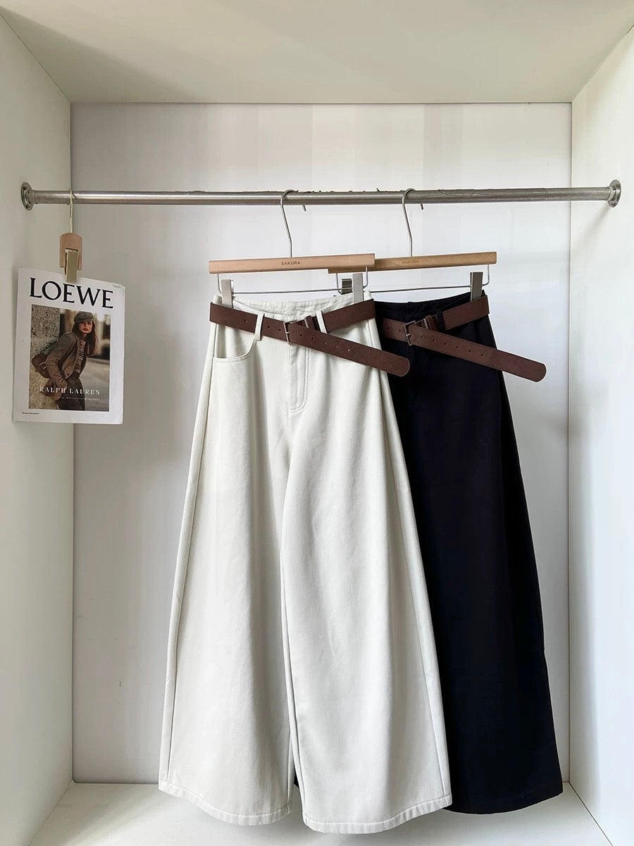 Women's high-waisted, fleece-lined, thickened denim wide-leg pants with belt, new winter style for 2025, Korean style, versatile, trendy outerwear.