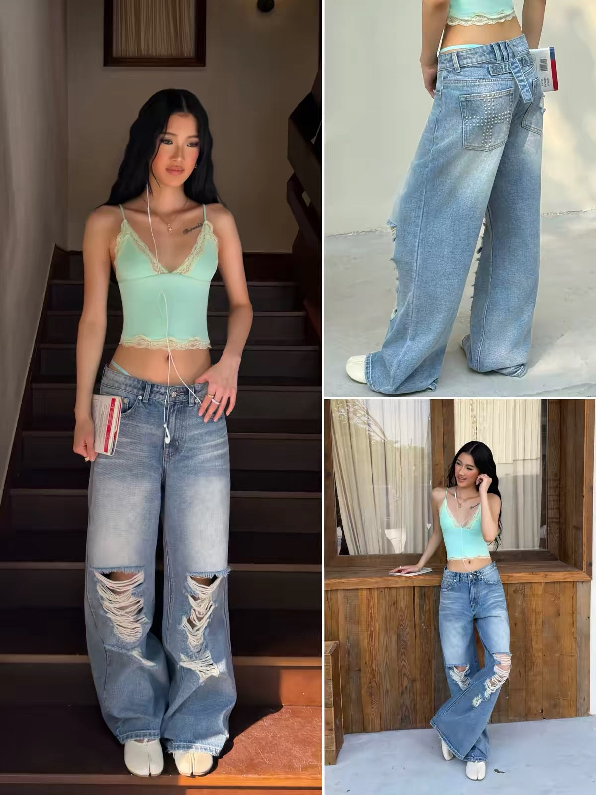 Audwyn Distressed Low-Rise Baggy Jeans with Hand-Applied Studs and Ripped Details – Street-Style Puddle Fit