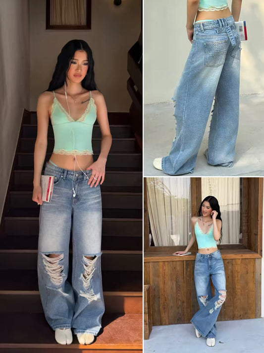 Audwyn Distressed Low-Rise Baggy Jeans with Hand-Applied Studs and Ripped Details – Street-Style Puddle Fit