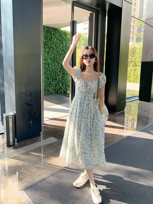 Zeng Xiaoxian Romantic Heroine Korean Style Blue Floral Long Dress Women's Early Spring High Waisted Slim Dress for Small People