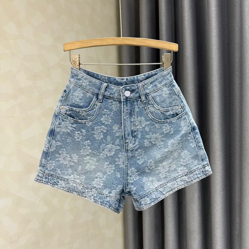 Personalized embroidered jacquard denim shorts for women 2025 summer new style light blue high waist slim A-line wide leg hot pants