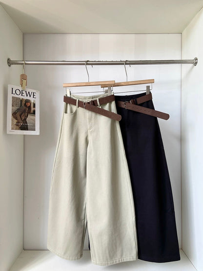 Women's high-waisted, fleece-lined, thickened denim wide-leg pants with belt, new winter style for 2025, Korean style, versatile, trendy outerwear.