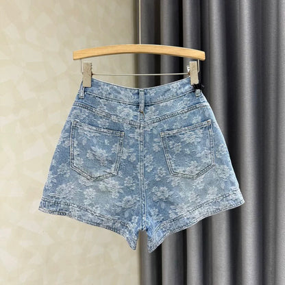 Personalized embroidered jacquard denim shorts for women 2025 summer new style light blue high waist slim A-line wide leg hot pants