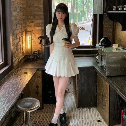 College style white short-sleeved shirt dress for women summer sweet first love A-line skirt waist slimming pleated skirt