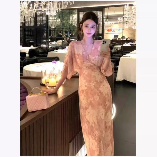 New pink floral chiffon dress for women, V-neck, long floral print.