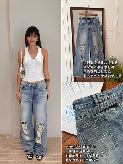 Audwyn Distressed Low-Rise Baggy Jeans with Hand-Applied Studs and Ripped Details – Street-Style Puddle Fit