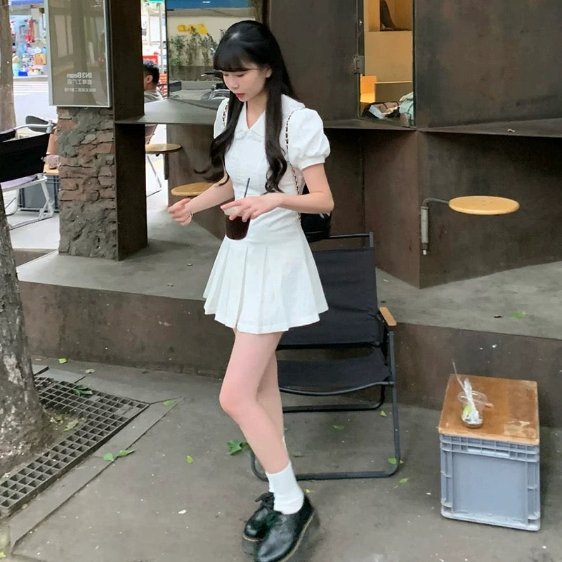 College style white short-sleeved shirt dress for women summer sweet f –  Lee Nhi Boutique
