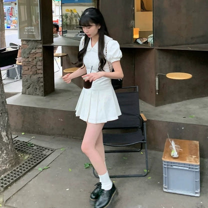 College style white short-sleeved shirt dress for women summer sweet first love A-line skirt waist slimming pleated skirt