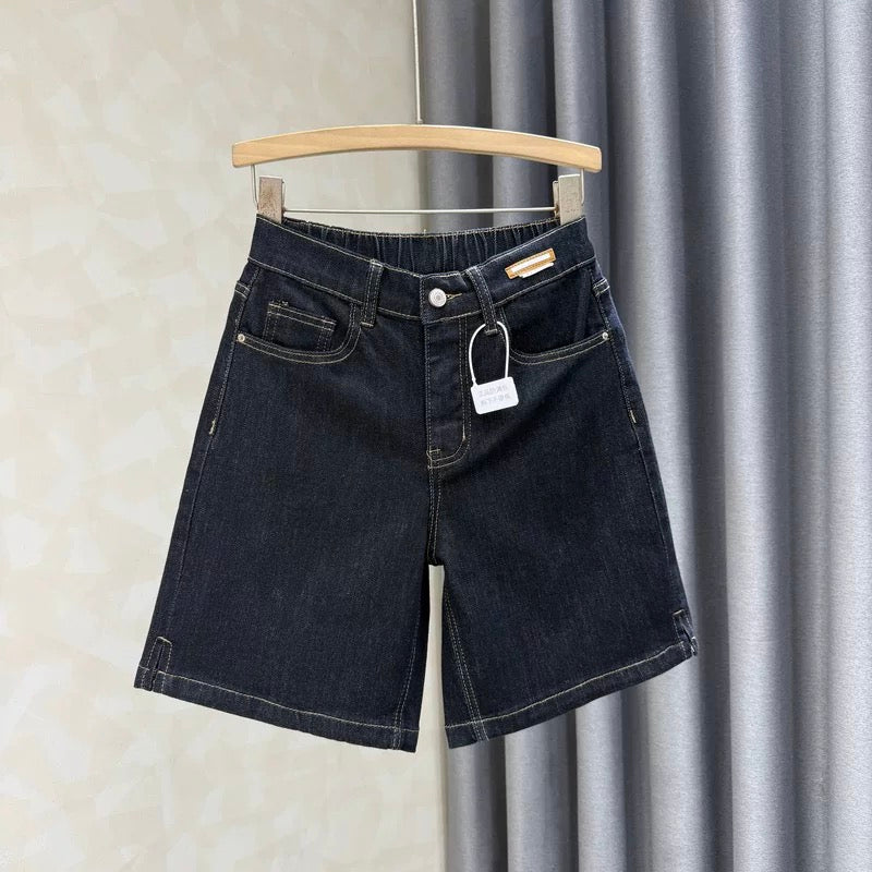 2025 summer new high waist slim a-line wide leg jeans for women dark blue elastic versatile five-point pants