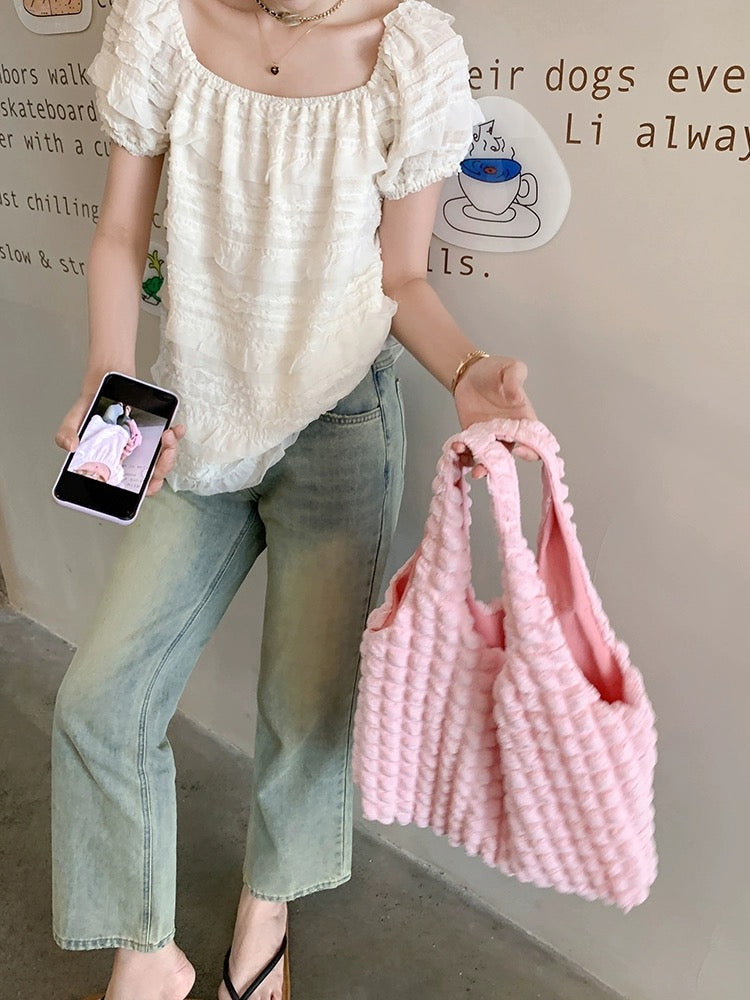 Zeng Xiaoxian Summer Soda Korean Style Puff Sleeve One Shoulder Short Sleeve Top Women's Summer Slim Shirt for Small People