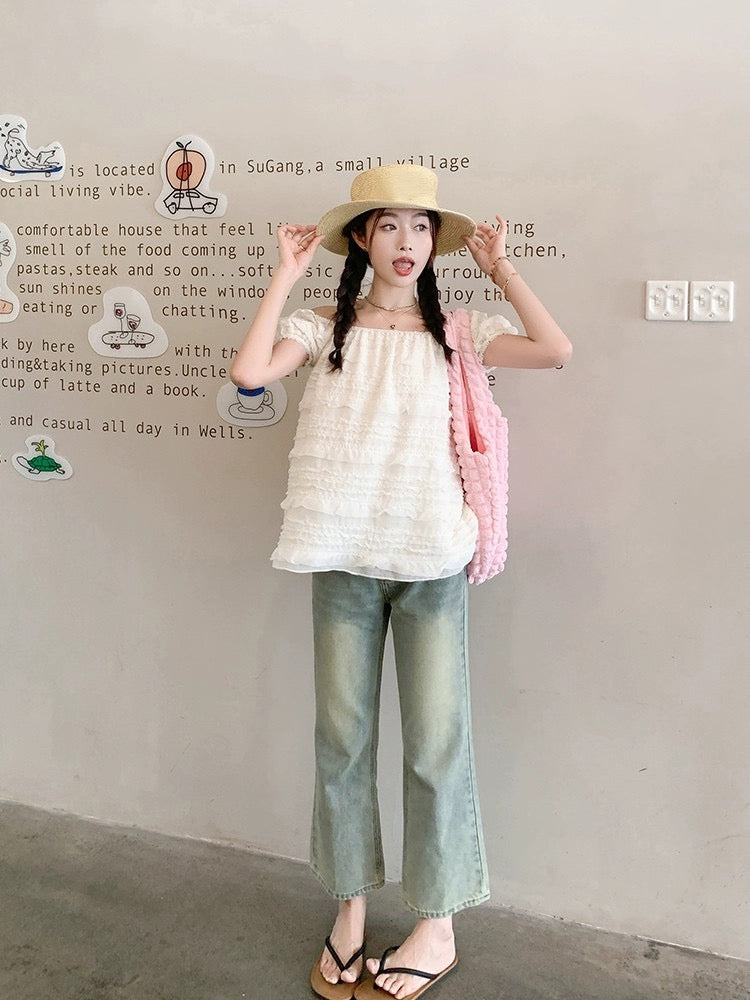 Zeng Xiaoxian Summer Soda Korean Style Puff Sleeve One Shoulder Short Sleeve Top Women's Summer Slim Shirt for Small People