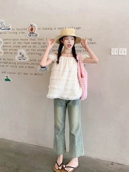 Zeng Xiaoxian Summer Soda Korean Style Puff Sleeve One Shoulder Short Sleeve Top Women's Summer Slim Shirt for Small People