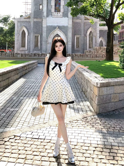 WAHJU Crystal Rain Summer Design Bowknot Suspender Slimming Polka Dot Dress for Women