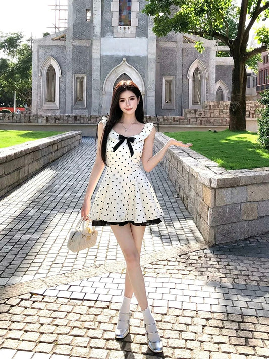 WAHJU Crystal Rain Summer Design Bowknot Suspender Slimming Polka Dot Dress for Women
