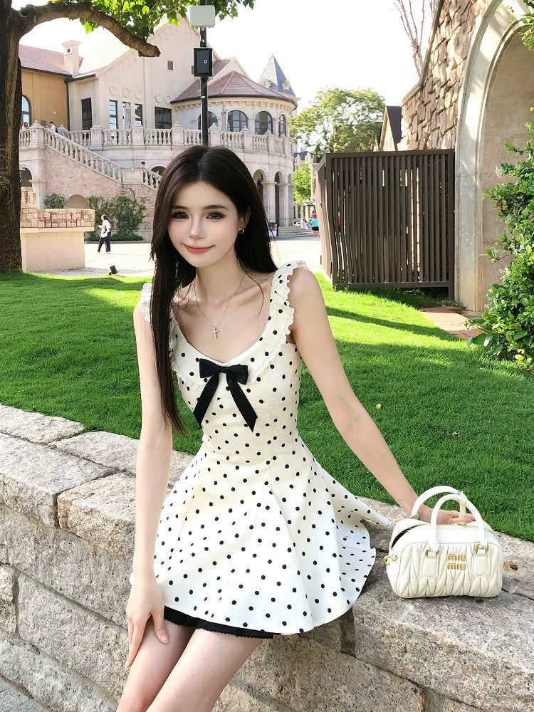WAHJU Crystal Rain Summer Design Bowknot Suspender Slimming Polka Dot Dress for Women