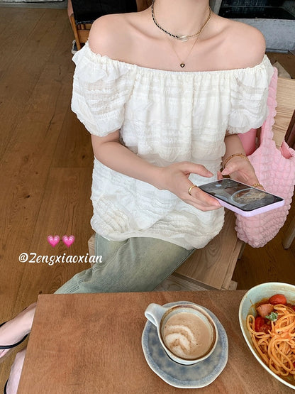 Zeng Xiaoxian Summer Soda Korean Style Puff Sleeve One Shoulder Short Sleeve Top Women's Summer Slim Shirt for Small People