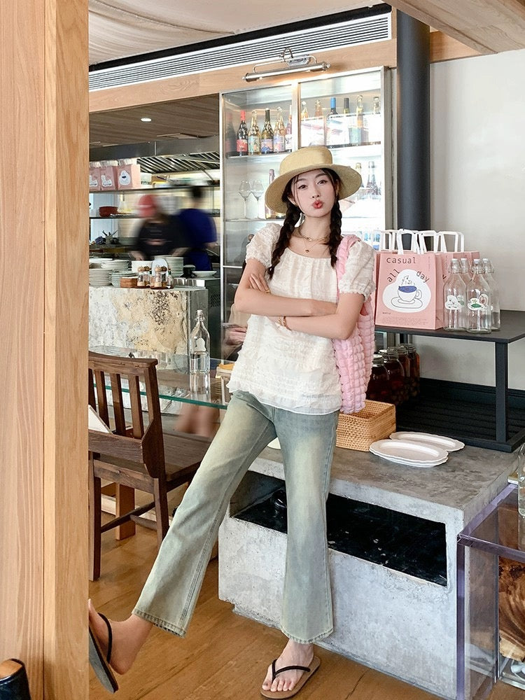 Zeng Xiaoxian Summer Soda Korean Style Puff Sleeve One Shoulder Short Sleeve Top Women's Summer Slim Shirt for Small People