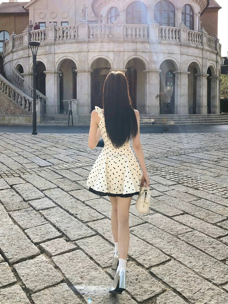 WAHJU Crystal Rain Summer Design Bowknot Suspender Slimming Polka Dot Dress for Women