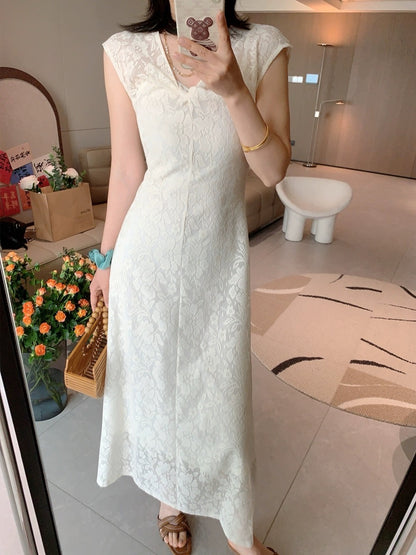 YMIMI2024 spring and summer new style French gentle style lace V-neck dress women's mid-length skirt
