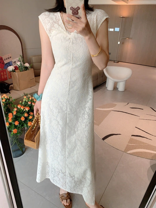 YMIMI2024 spring and summer new style French gentle style lace V-neck dress women's mid-length skirt