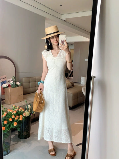 YMIMI2024 spring and summer new style French gentle style lace V-neck dress women's mid-length skirt