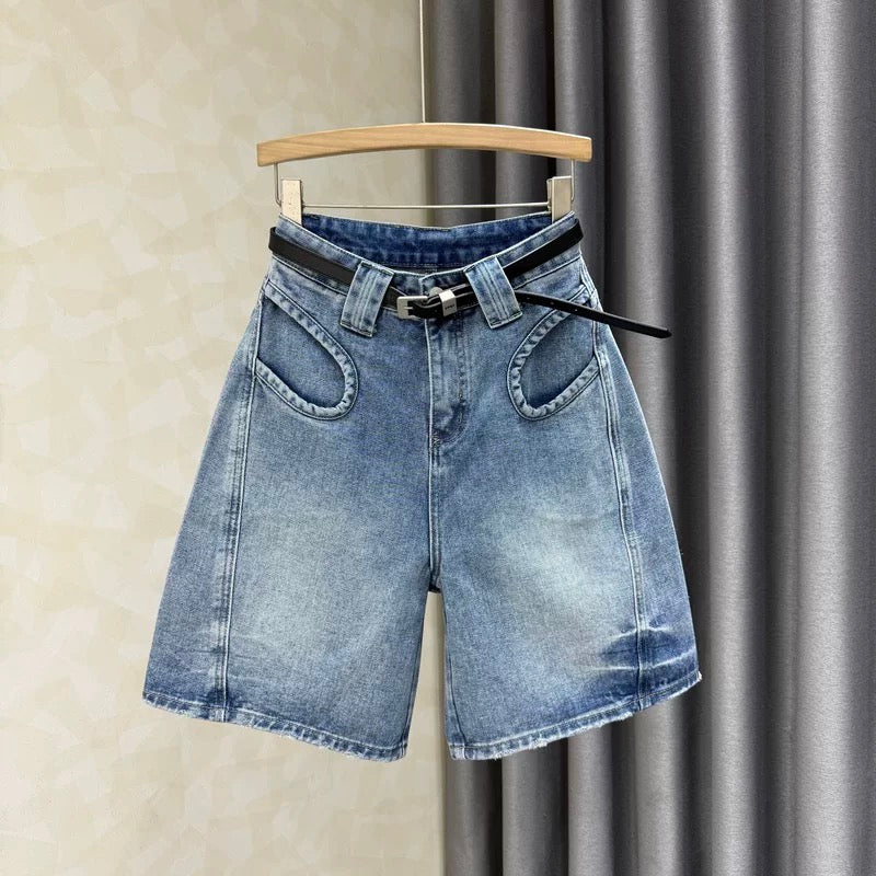 2025 summer new high waist slim wide leg jeans women's loose versatile retro casual a-line shorts ins