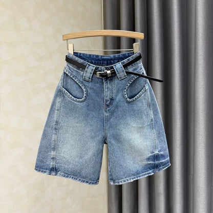 2025 summer new high waist slim wide leg jeans women's loose versatile retro casual a-line shorts ins