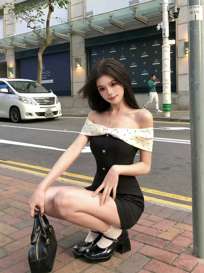 Illustration of WAHJU Whisper of the Waves New Slimming Design One Shoulder Polka Dot Contrast Color Top Women's Summer Skirt