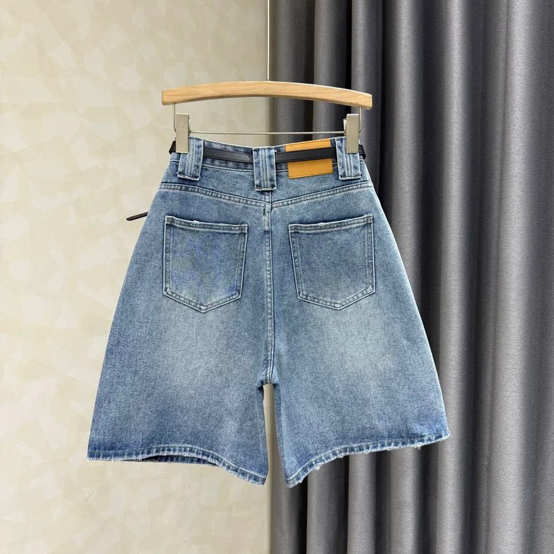 2025 summer new high waist slim wide leg jeans women's loose versatile retro casual a-line shorts ins