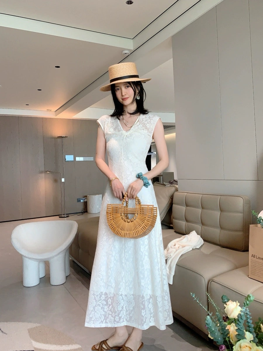 YMIMI2024 spring and summer new style French gentle style lace V-neck dress women's mid-length skirt