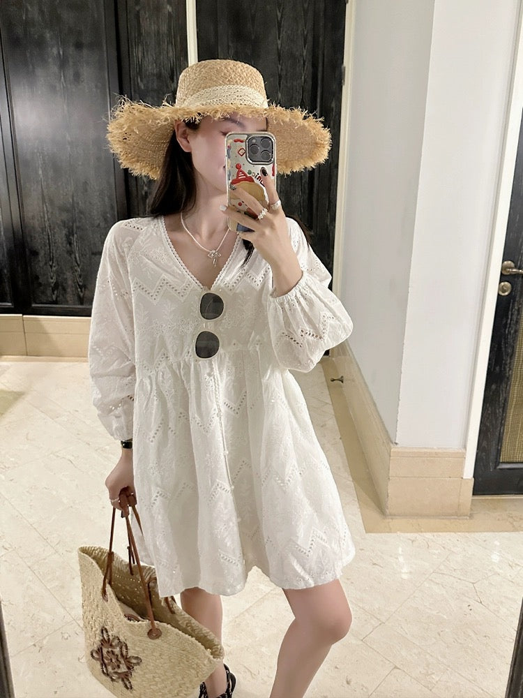 Jin Suyi white heavy industry lace dress women's 2024 summer Korean style loose temperament shirt dress chic skirt