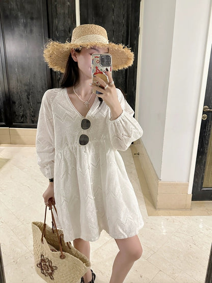 Jin Suyi white heavy industry lace dress women's 2024 summer Korean style loose temperament shirt dress chic skirt