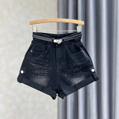 2025 Summer New Half Elastic Waist Turned-Up A-Line Wide-Leg Hot Pants Personalized Hot Diamond Washed Wide-Leg Jeans Women