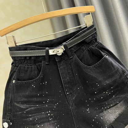 2025 Summer New Half Elastic Waist Turned-Up A-Line Wide-Leg Hot Pants Personalized Hot Diamond Washed Wide-Leg Jeans Women