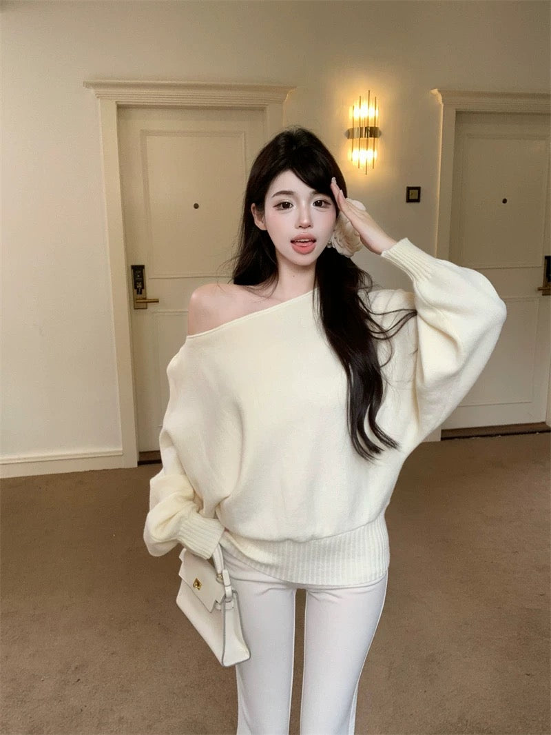Pink one-shoulder bat-sleeve sweater for women in autumn and winter long-sleeved off-shoulder sweater loose lazy style off-the-shoulder top