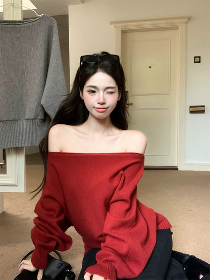 Pink one-shoulder bat-sleeve sweater for women in autumn and winter long-sleeved off-shoulder sweater loose lazy style off-the-shoulder top