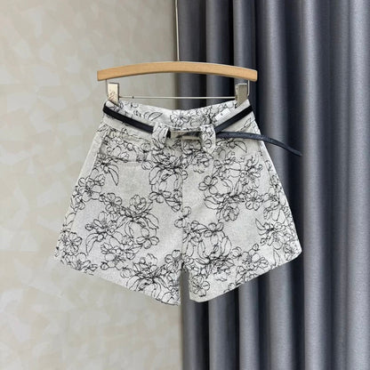 2025 summer new jacquard denim shorts women's Korean version high waist fashionable and versatile loose and slim a-line hot pants ins