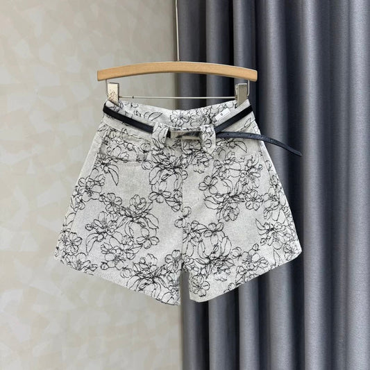 2025 summer new jacquard denim shorts women's Korean version high waist fashionable and versatile loose and slim a-line hot pants ins